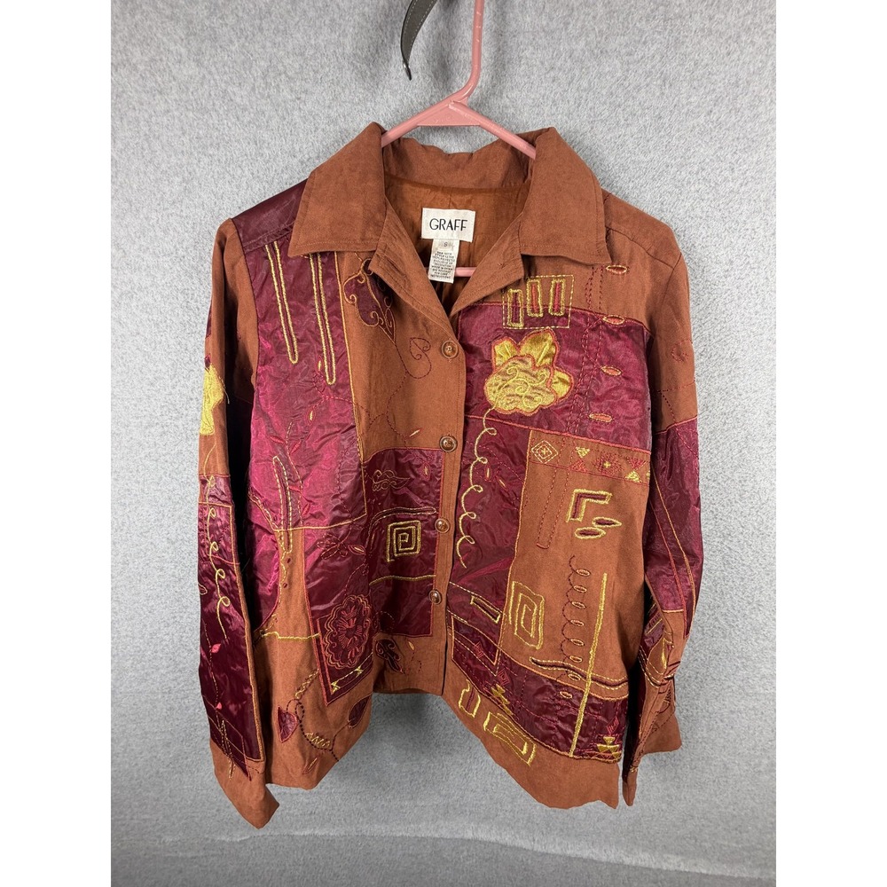 Graff Jacket Womens Small Brown Embroidered Patchwork Button Front Boho Artsy